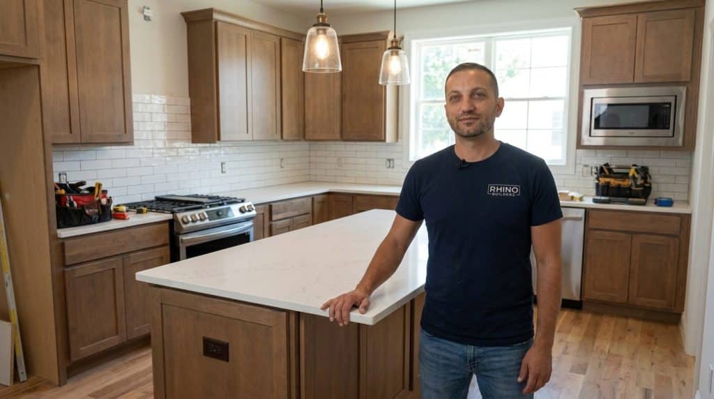 A man wearing a dark RHINO Builders t-shirt stands at a white countertop island in a newly renovated kitchen. The kitchen features warm wood cabinetry, white subway tile backsplash, stainless steel appliances, and pendant lighting overhead. The space is well-lit with natural light from a large window and hardwood flooring throughout.