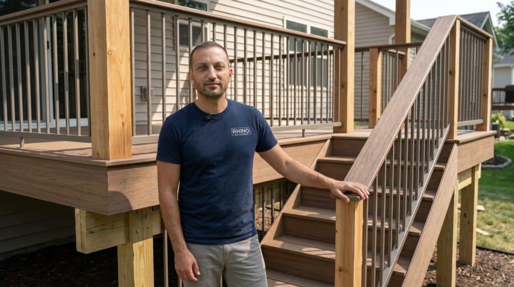 A man wearing a dark navy RHINO t-shirt and gray pants stands on a large wooden deck, posing next to a staircase with metal railings. The deck features multiple levels with composite decking and wooden posts, showcasing professional construction or renovation work. Several residential homes are visible in the background, suggesting this is a suburban neighborhood setting.