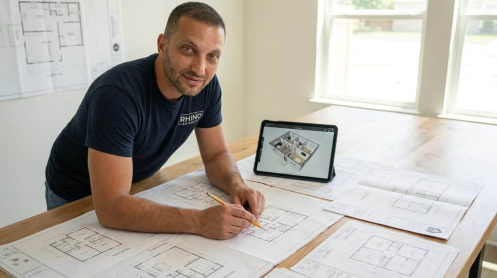 A man wearing a dark blue "Rhino Builders" t-shirt leans over a wooden table reviewing architectural blueprints and floor plans while holding a pencil. A tablet displaying a 3D isometric floor plan model sits on the table beside him, with additional blueprint sheets spread across the work surface. Large windows and a framed floor plan on the wall behind him complete the professional construction office setting.