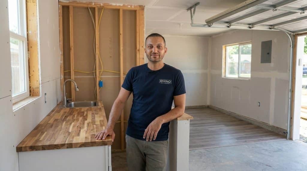 A man wearing a dark navy Rhino Shields branded t-shirt stands in an unfinished garage space, posing next to a wooden countertop with a stainless steel sink. The garage interior shows framed walls, electrical wiring, windows, and an open garage door, indicating active renovation or construction work. The wooden flooring and partially completed kitchen area suggest this is a residential garage conversion or remodeling project in progress.
