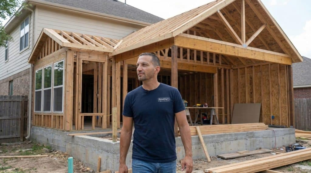 A man wearing a dark blue "Rhino" branded t-shirt stands in front of a residential home addition under construction. The wooden frame structure features exposed beams, vaulted ceilings, and large window openings, with concrete foundation blocks visible at the base. The neighboring house and construction materials are visible in the background.