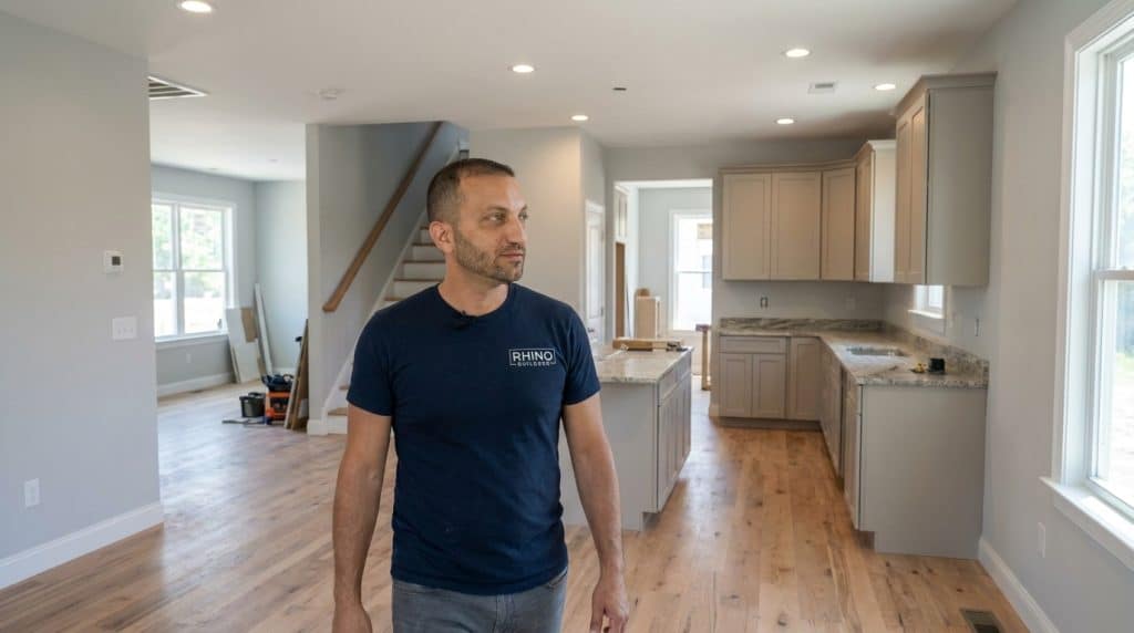 A man wearing a dark navy "RHINO" branded t-shirt stands in an open-concept home interior during what appears to be a construction or renovation phase. The space features light wood flooring, beige cabinetry, recessed lighting, and large windows, with building materials and tools visible in the background. He is looking off to the side in what seems to be a kitchen and living area that is still under development.