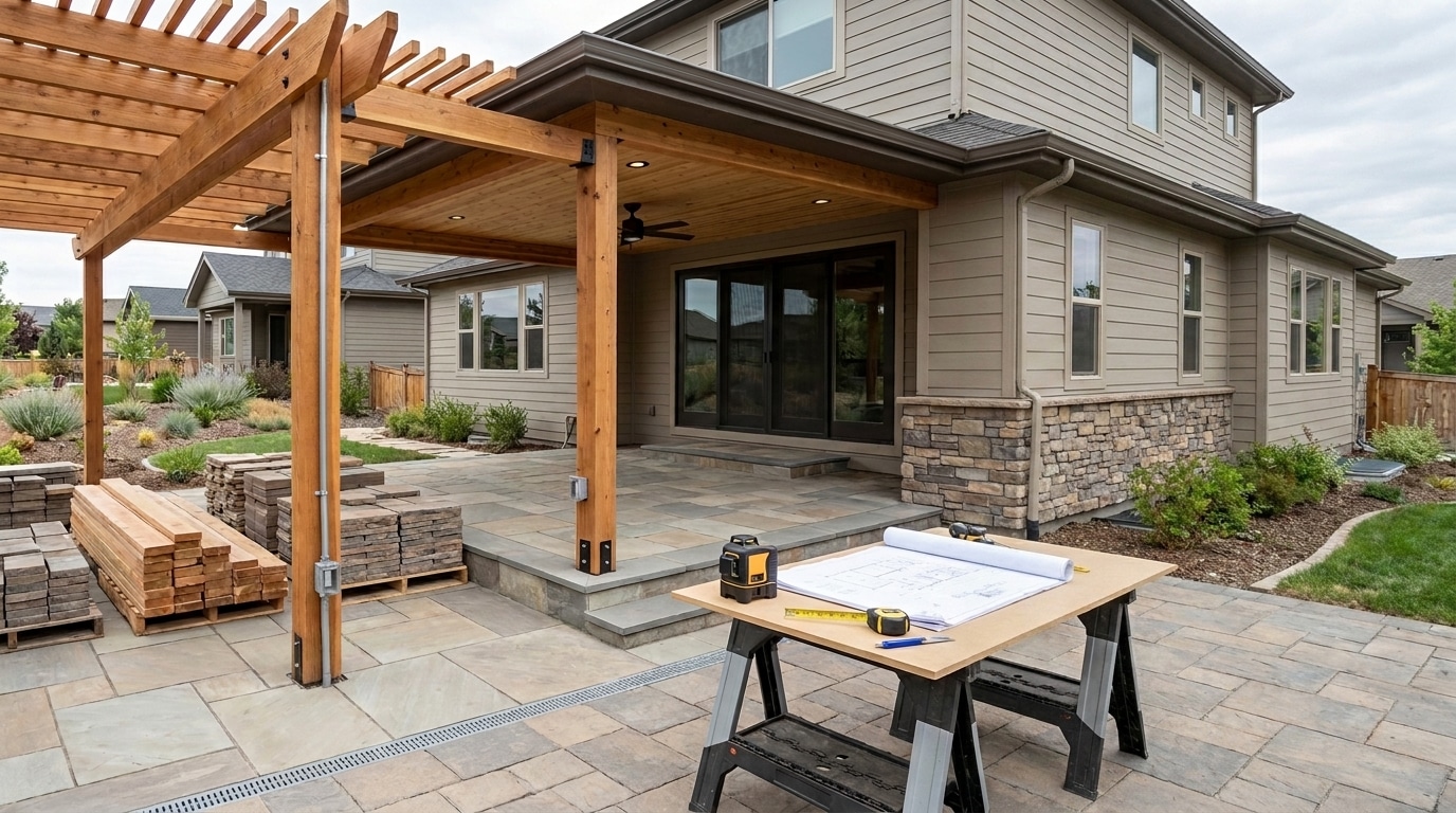 A modern two-story home with gray siding and stone accents features a newly constructed patio area with a wooden pergola and ceiling fan. The expansive hardscape includes pavers and a work table with blueprints, surrounded by stacked building materials, indicating ongoing construction or renovation. Large black-framed glass doors open onto the patio from the covered entryway, with manicured landscaping visible in the surrounding yard.