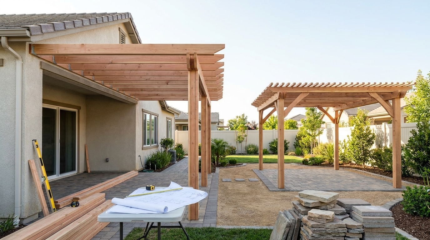 A modern residential backyard under construction featuring two wooden pergolas with horizontal slat roofing, a wooden deck attached to the house, and pavers laid out in the yard. Construction materials including blueprints, tools, and stacked stone pavers are visible in the foreground, while landscaping elements like shrubs and trees frame the newly designed outdoor living space against a clear sky.