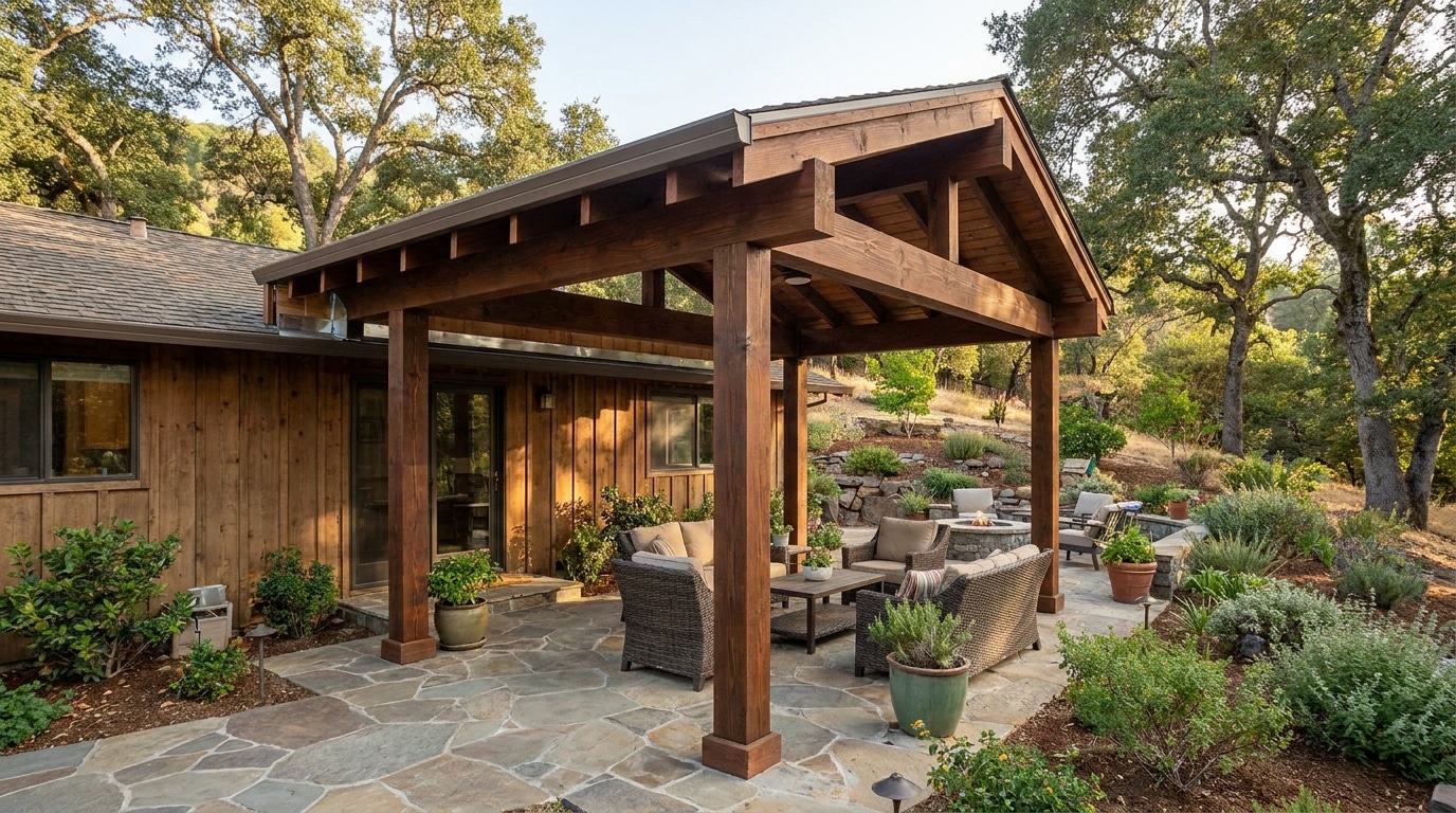 A modern rustic residential outdoor space featuring a wooden pergola structure with exposed beam construction extending from a dark wood-sided house with large glass doors. The stone patio is furnished with woven outdoor seating and potted plants, surrounded by native landscaping with shrubs and mature oak trees on a hillside setting during golden afternoon light.