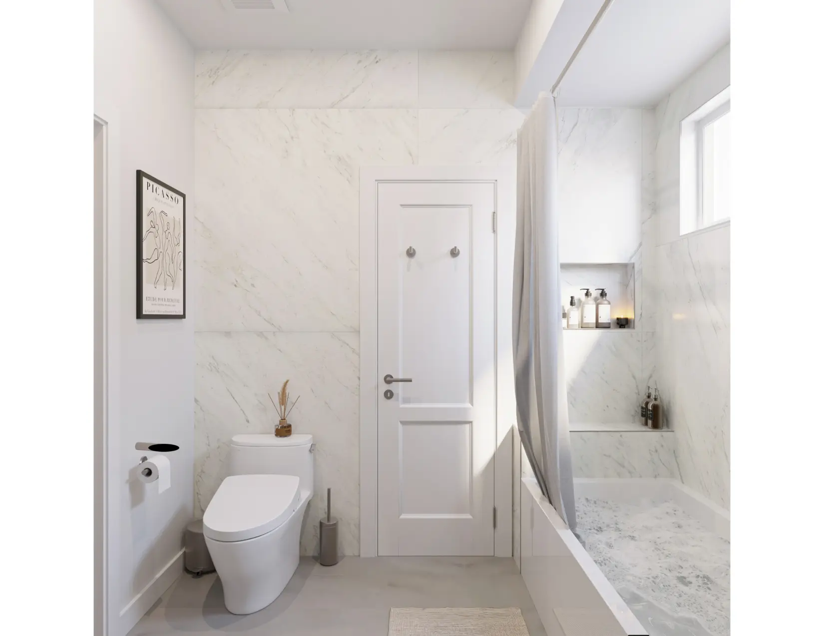 Pleasanton guest bathroom remodel — marble tile and tub-shower