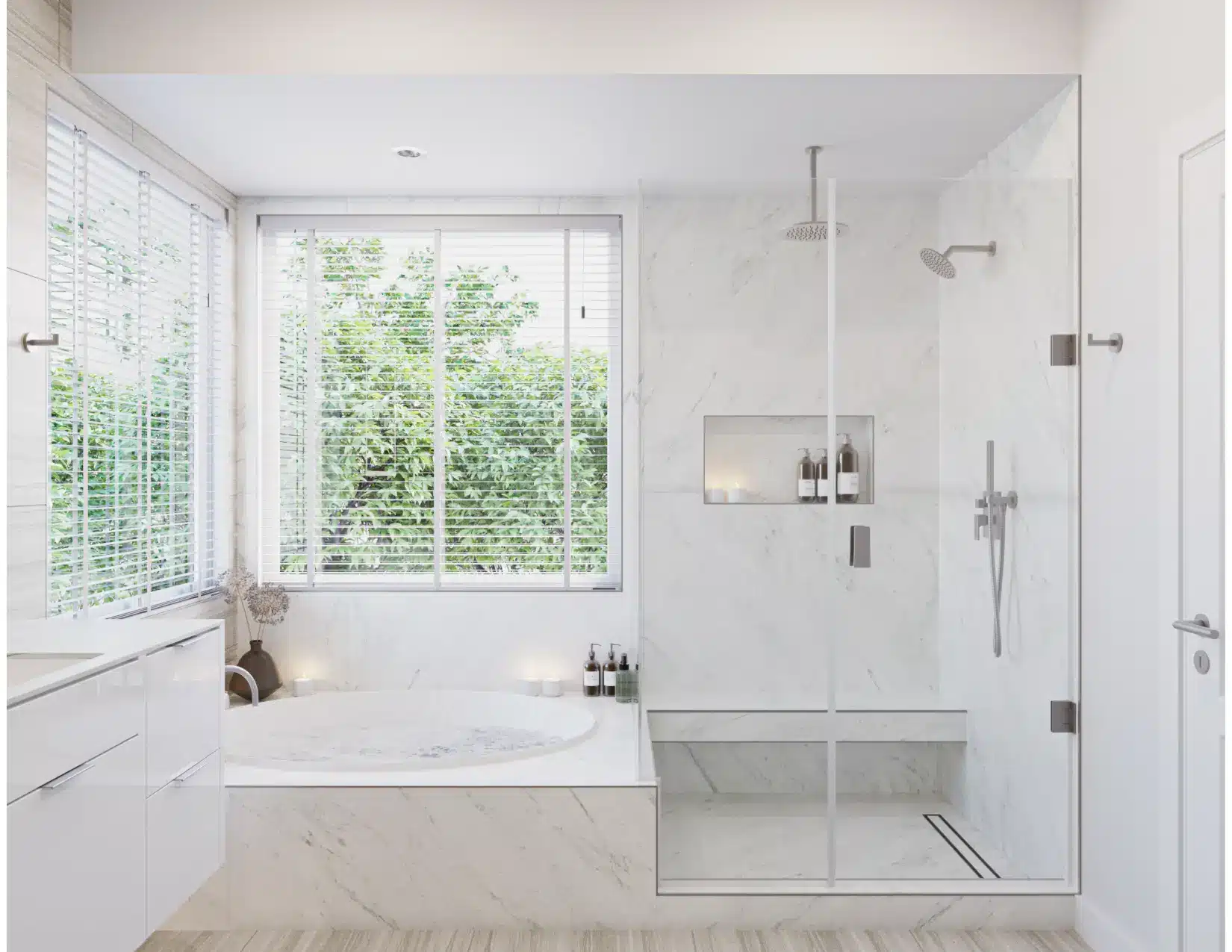 Pleasanton primary bathroom remodel — marble walk-in shower and soaking tub