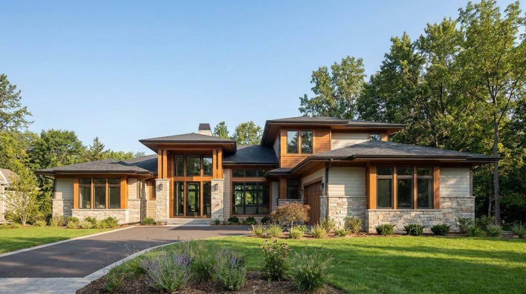 A modern residential home featuring a contemporary design with mixed materials including stone and wood siding, accented by warm orange-brown wood trim around windows and architectural elements. The single-story structure showcases multiple gabled rooflines, large picture windows, and a curved driveway leading to the front entrance, set against a backdrop of mature trees and well-maintained landscaping with native plantings.