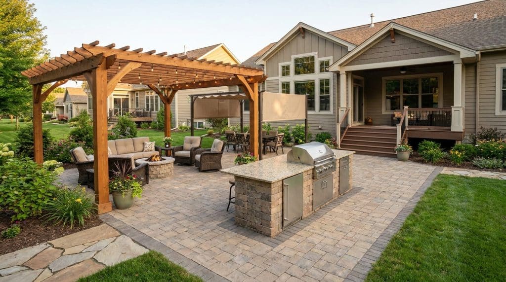 A luxurious backyard patio features a wooden pergola with shade sails sheltering comfortable lounge seating, an outdoor kitchen with built-in grill and granite countertop, and a brick paver surface. The modern home with a covered porch and deck overlooks the well-manicured outdoor entertainment space, surrounded by lush green lawn and landscaping. The space exemplifies contemporary outdoor living design with integrated dining, cooking, and relaxation areas.