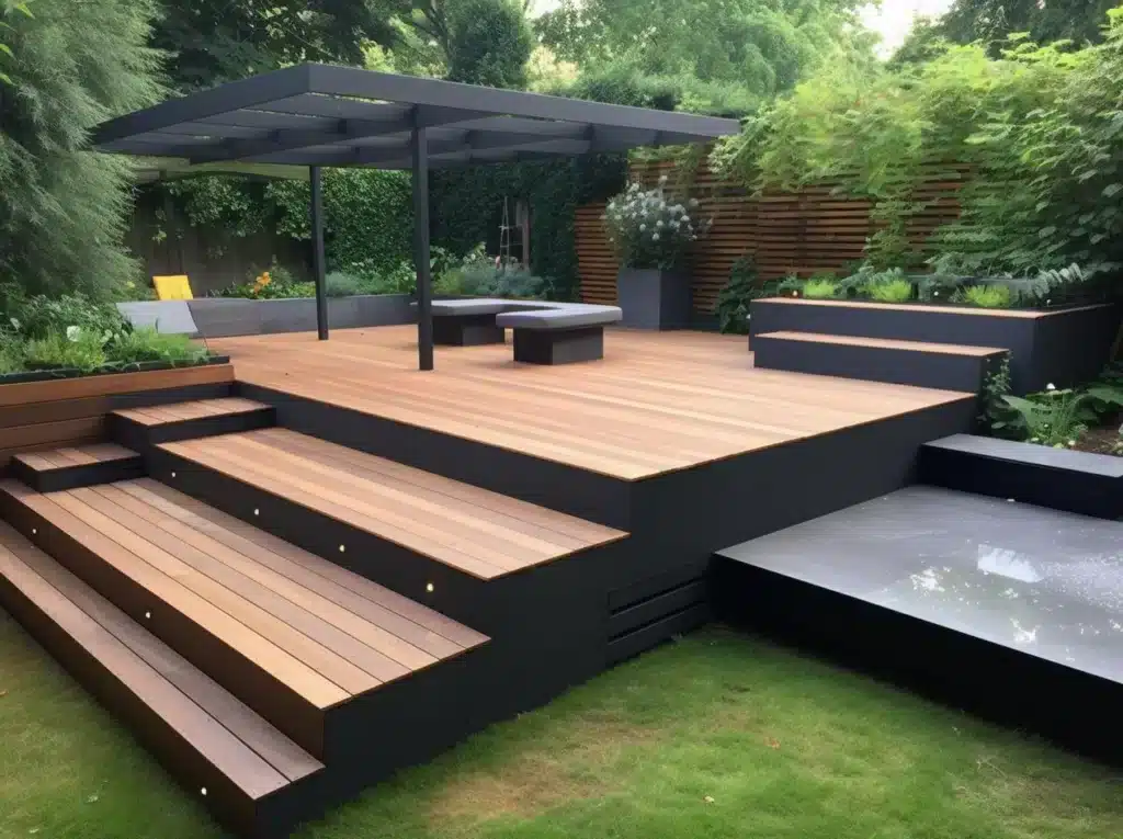 A modern elevated wooden deck with black metal framing features multiple levels connected by illuminated steps, a pergola for shade, and integrated seating areas. The deck is surrounded by lush green landscaping, raised planter beds, and wooden privacy screens, with a fire pit and lounge chair visible on the main platform. The contemporary outdoor space demonstrates sophisticated landscape design combining natural materials with sleek architectural elements.