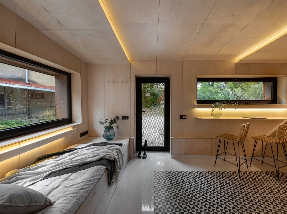 A modern interior space combining a bedroom and kitchenette, featuring warm wood paneling walls, ambient LED lighting along the ceiling and window sills, and a bed with gray bedding positioned beneath a large window overlooking greenery. The open-plan layout includes a kitchen counter with two rattan bar stools, a patterned geometric floor, and multiple windows and a door providing natural light and access to an outdoor garden area.