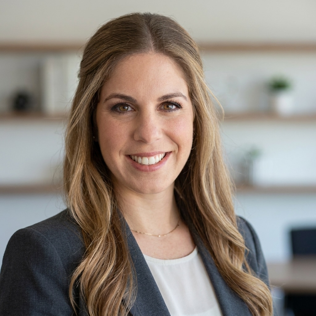 A professional woman with long brown hair smiles at the camera while wearing a dark blazer over a white top. She is photographed indoors against a blurred background featuring white shelving with decorative items. The portrait-style headshot appears to be a professional or corporate profile photo.