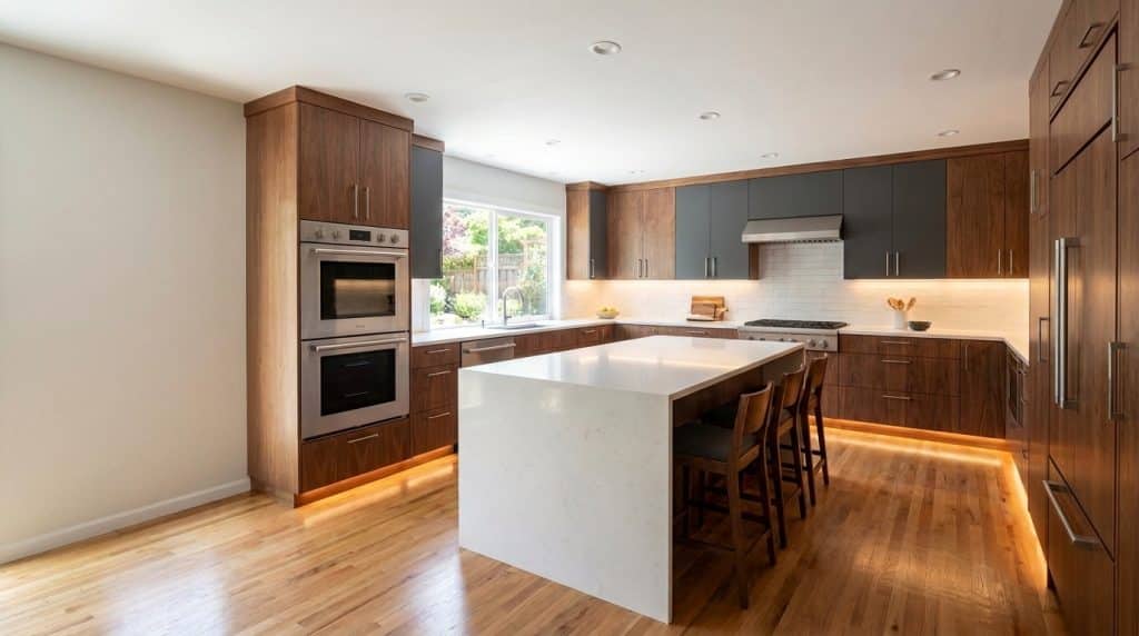 A modern kitchen features rich wood cabinetry with stainless steel appliances, including double wall ovens and a gas cooktop. A large white island with seating for three anchors the center of the room, which is floored with warm wood and illuminated by recessed ceiling lights and under-cabinet LED lighting. Natural light streams through a large window above the sink, overlooking an outdoor garden.