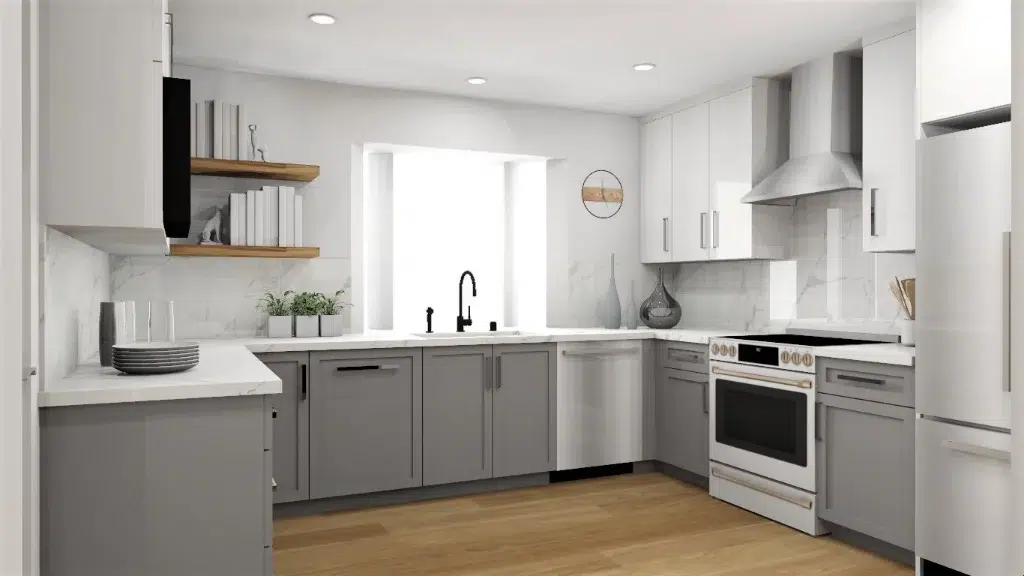 Bright modern kitchen with gray and white cabinets, marble backsplash, open wood shelves, and stainless steel appliances.
